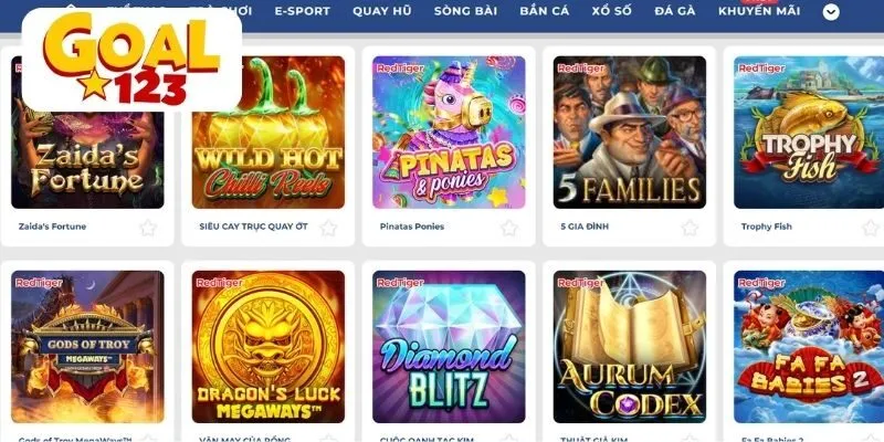 Banner Goal123 quảng bá game Red Tiger Slots, với biểu tượng Jackpot Daily Drop