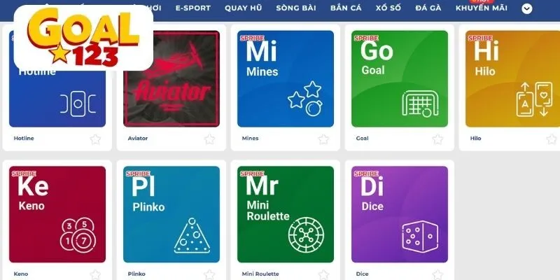 Banner Goal123 quảng bá game Spribe Gaming, với hình ảnh Aviator và Mines