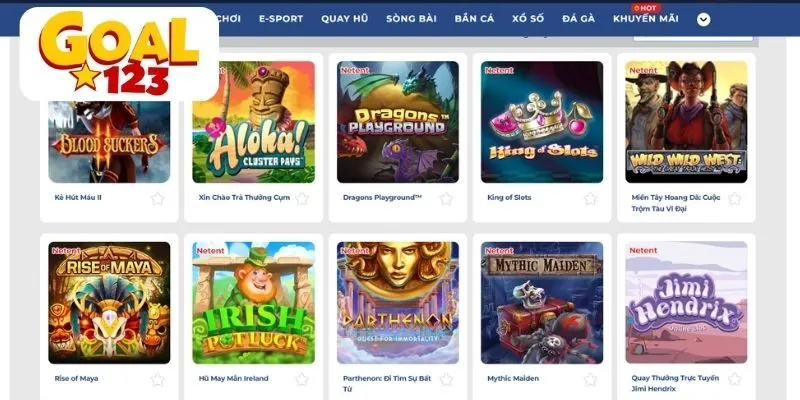 Banner quảng cáo game NetEnt Slots tại Goal123, minh họa các biểu tượng game và Jackpot